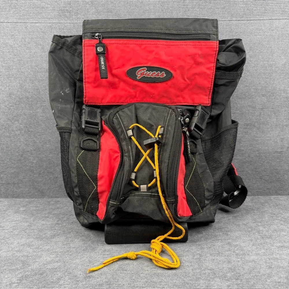 Vintage GUESS Backpack Red Black Nylon Hiking Rucksack School Bag 90s‎ Y2K Gorp